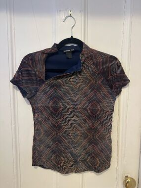 Vintage Vivienne Tam Navy Red Geometric pattern Short Sleeve high neck top